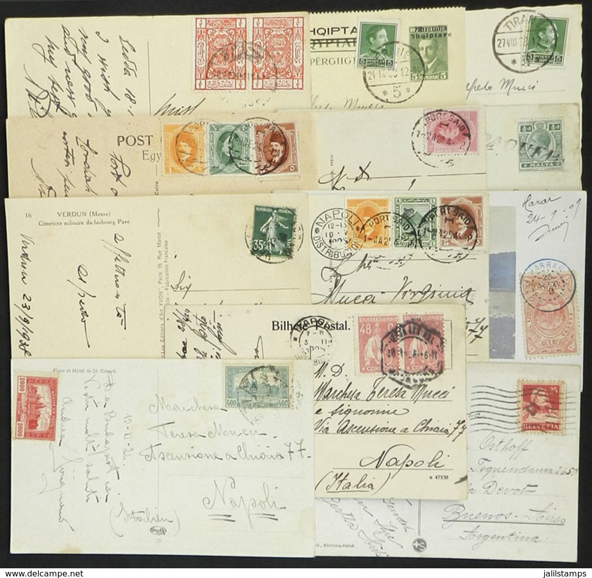 WORLDWIDE: 12 Old Postcards Sent To Italy Or Argentina, From Varied Countries, For Example Saudi Arabia, Albania, Egypt, - Other & Unclassified