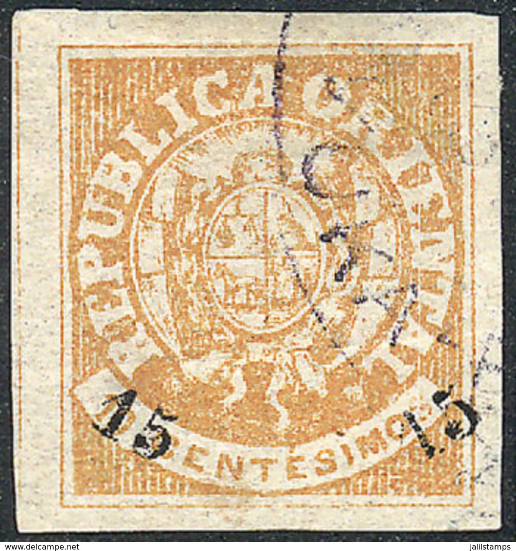 URUGUAY: Yvert 26, 1866 Escudito 15c. On 10c. Yellow, Used, Very Fine Quality, Catalog Value Euros 90. - Uruguay