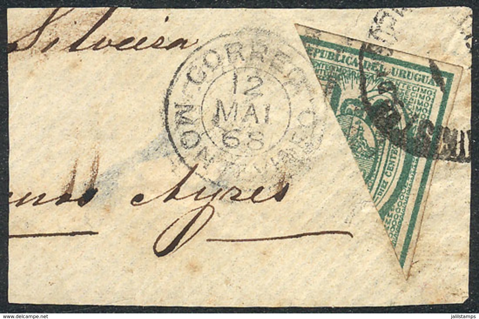 URUGUAY: Yvert 31a, 1866 10c. Green Bisect Used As 5c. On Fragment Of A Cover Sent To Buenos Aires On 12/MAY/1868 From M - Uruguay