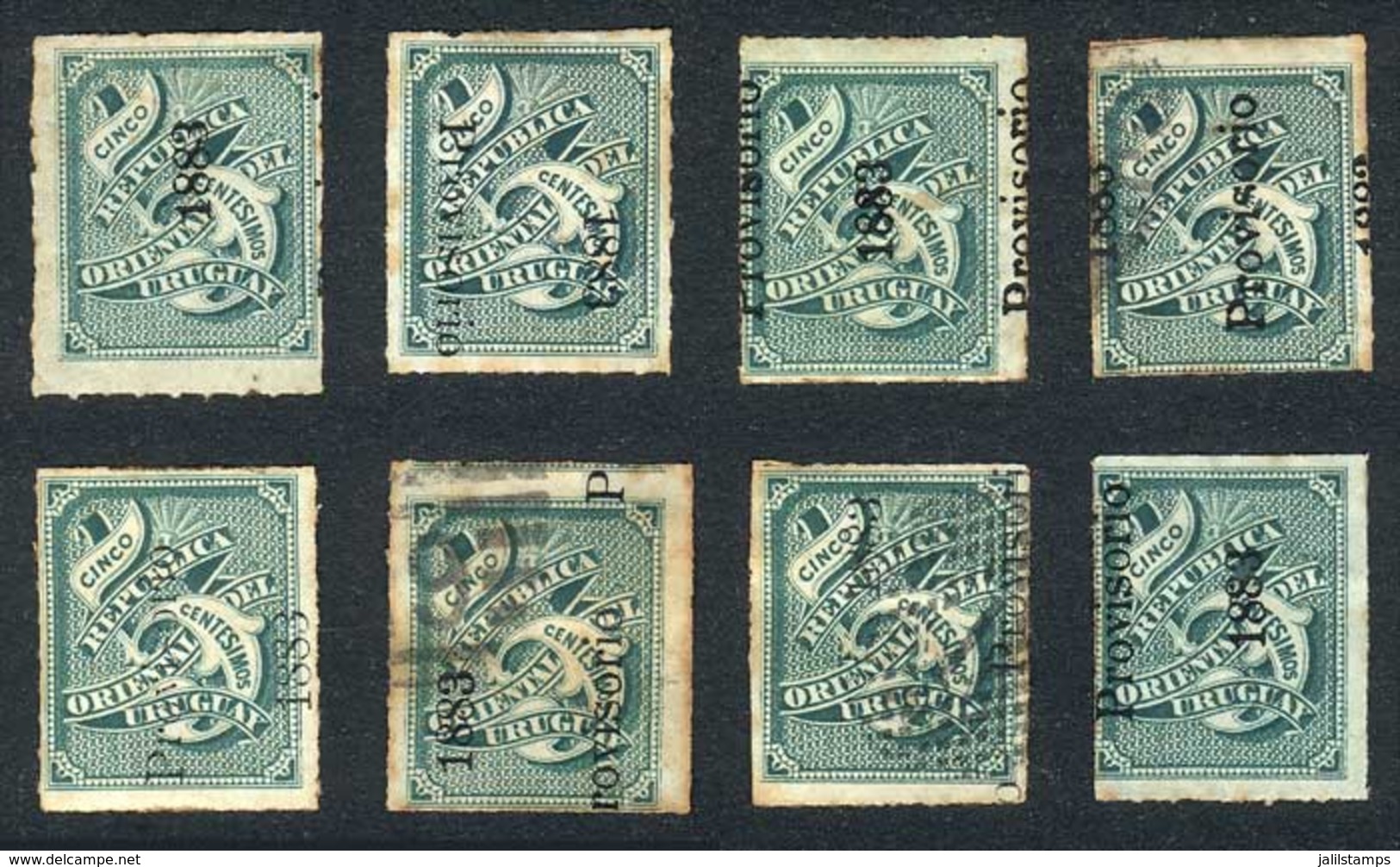 URUGUAY: Yvert 55 (Sc.52), 8 Examples With Different VARIETIES Of Overprint: Inverted, Without "provisorio", Shifted, Et - Uruguay