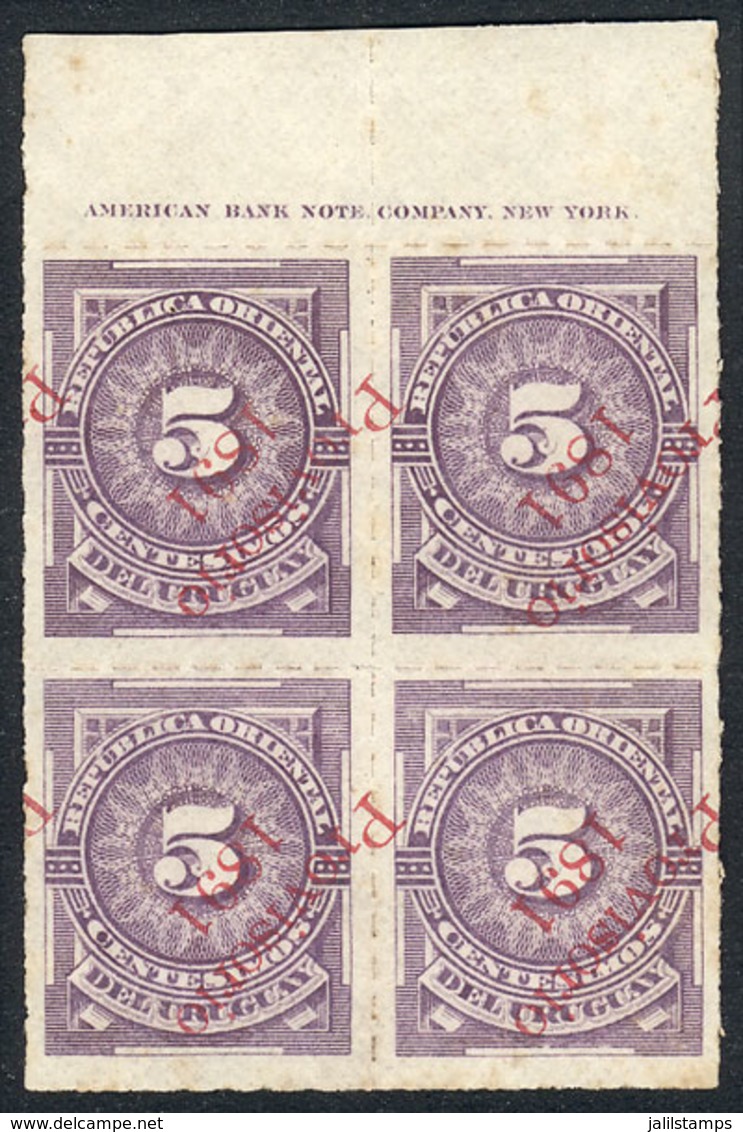 URUGUAY: Yvert 84c, Provisional Of 1891 5c. Violet, Block Of 4 With INVERTED OVERPRINT, VF! - Uruguay