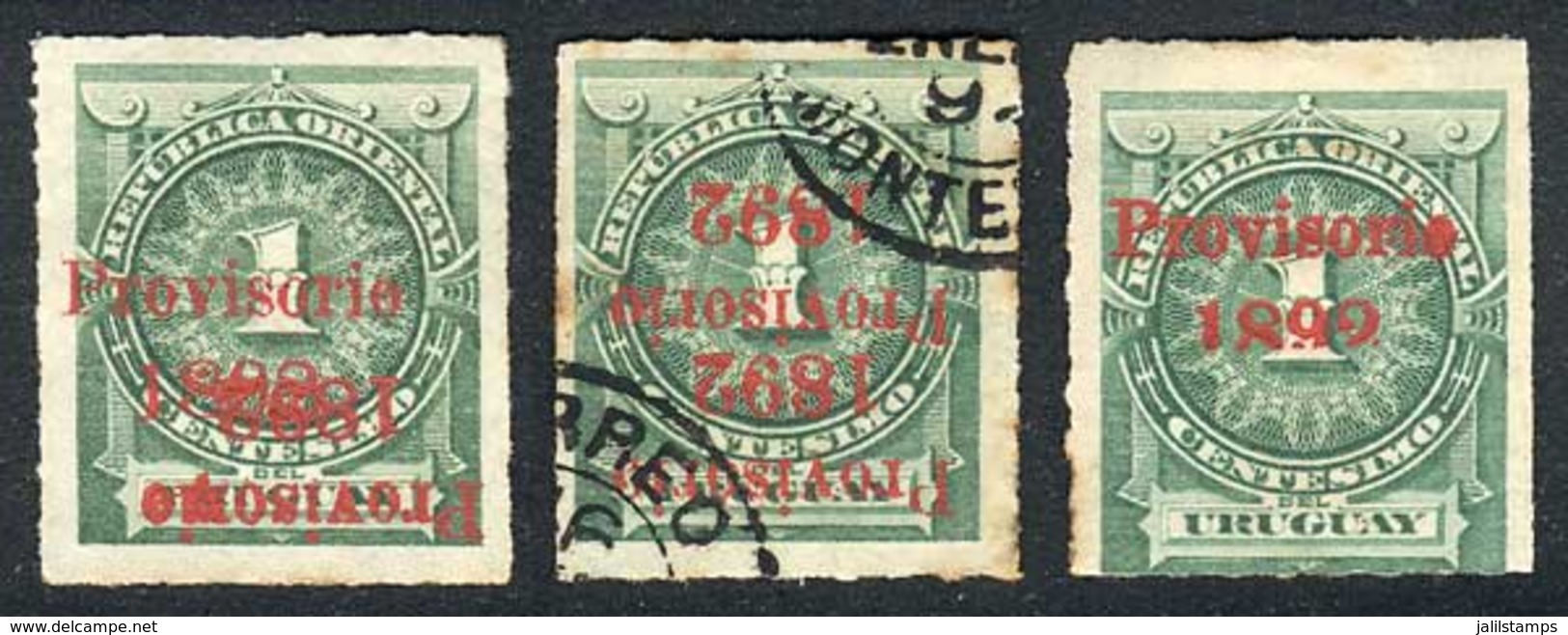 URUGUAY: Yv.85 (Sc.98), 3 Examples With VARIETIES: Double Overprint One Inverted, Double Overprint Both Inverted, And "1 - Uruguay