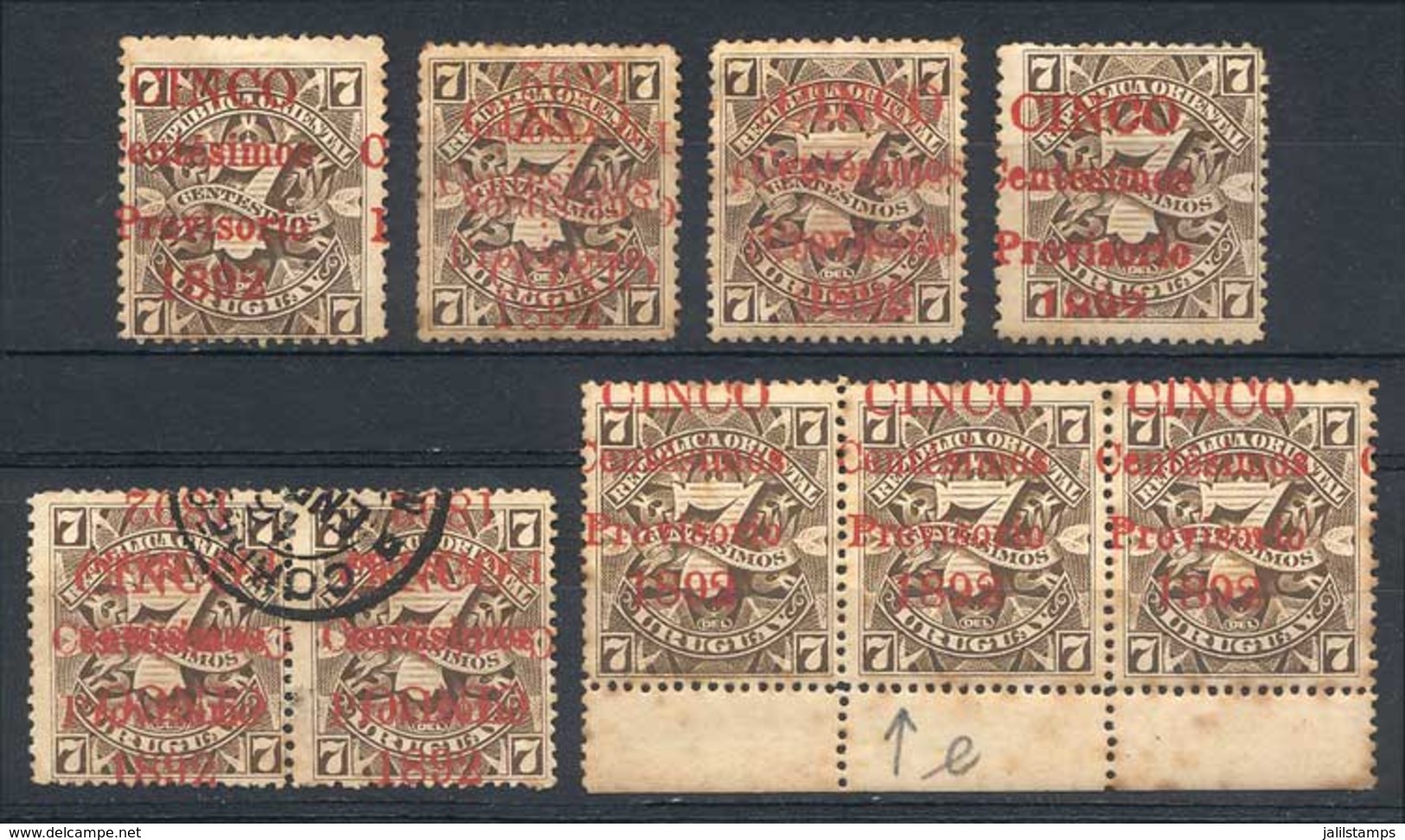 URUGUAY: Yv.87 (Scott 101), Lot With VARIETIES: Double Surcharge One Inverted, Double Surcharge, "1892" Incomplete At Bo - Uruguay