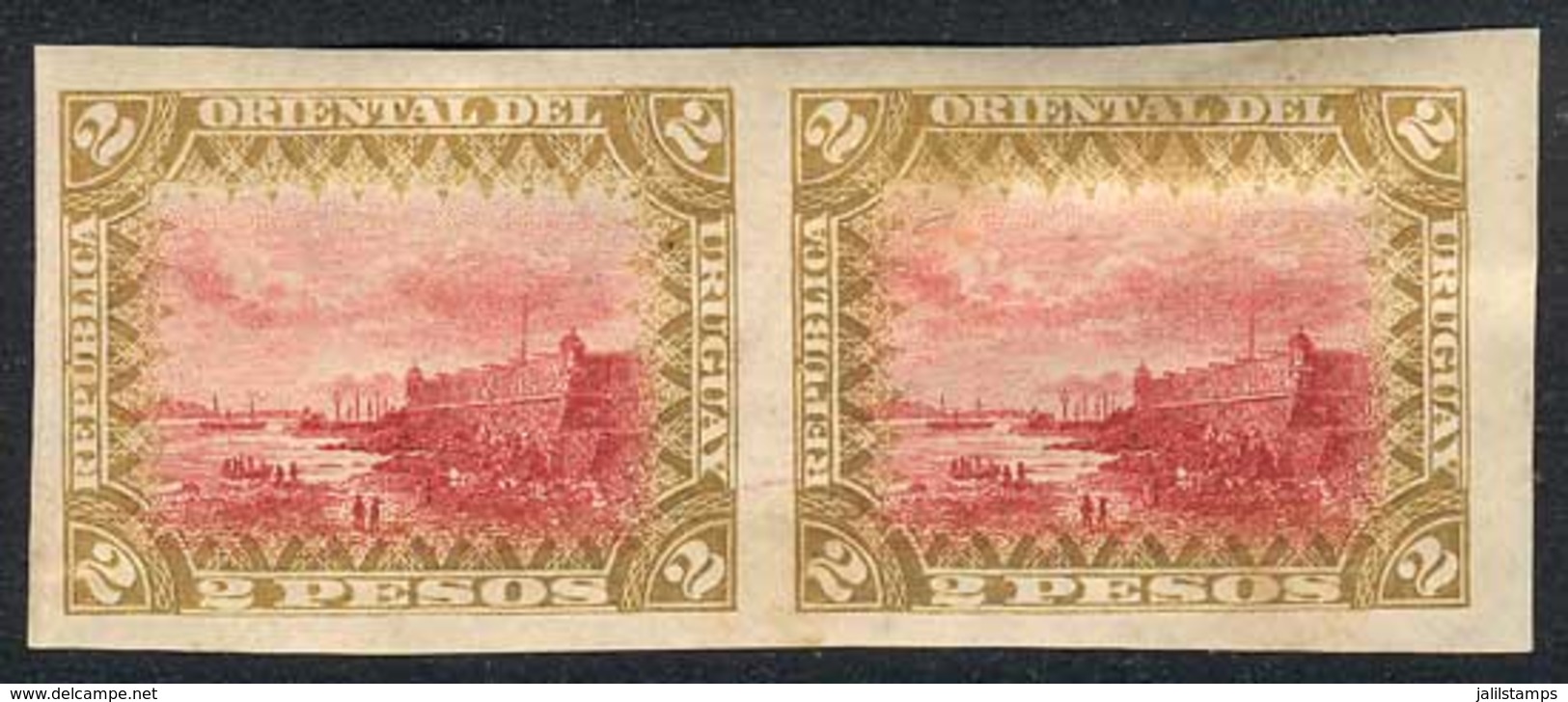 URUGUAY: Yv.129 (Sc.127), 1897 2P. Fort Of Montevideo, Ships, IMPERFORATE PAIR, VF Quality, Rare! - Uruguay