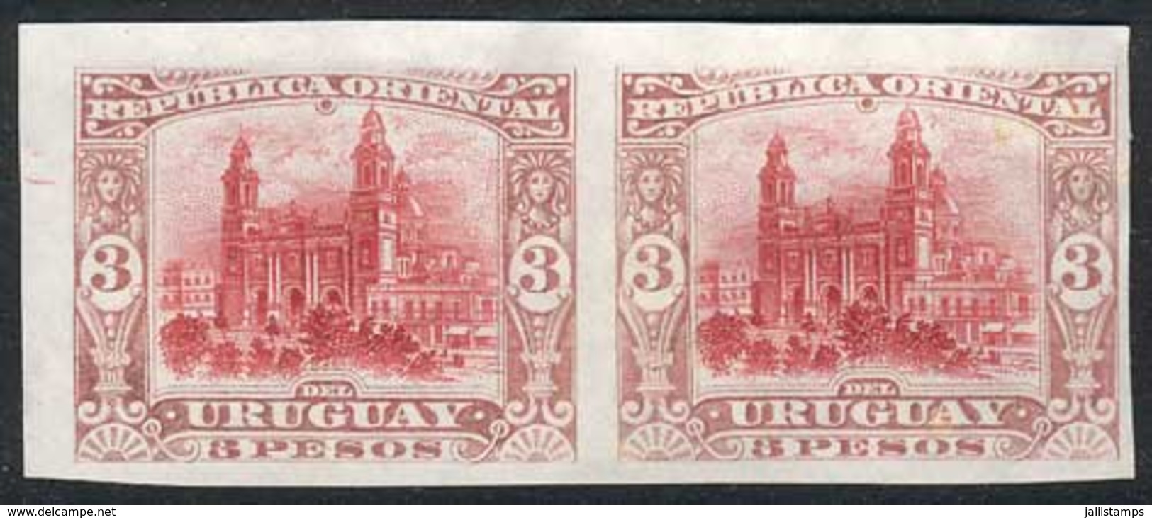 URUGUAY: Yv.130 (Sc.129), 1897 3P. Cathedral Of Montevideo, IMPERFORATE PAIR, Fine Quality, Rare! - Uruguay