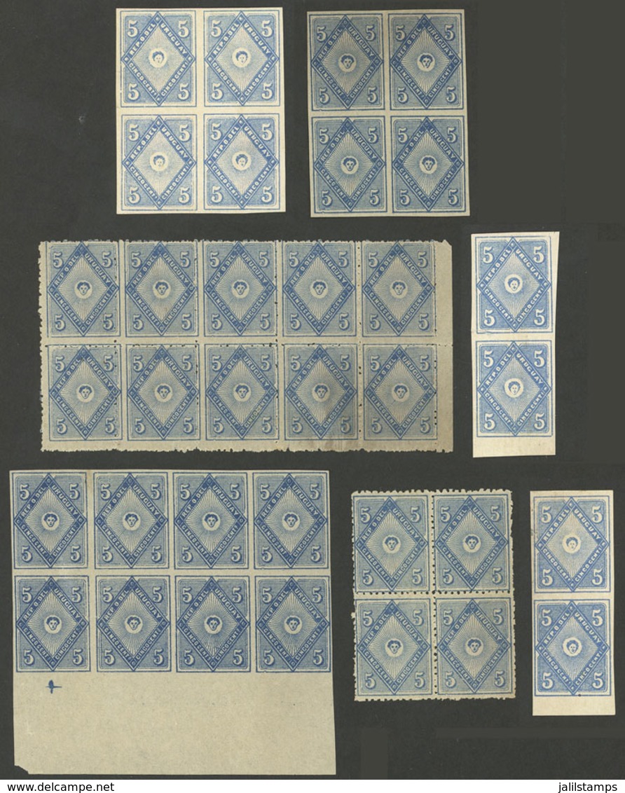 URUGUAY: Sc.55a + 56 + 56a, Lot Of Stamps (most IMPERFORATE) In Pairs, Blocks Of 4 Or Larger, All Mint Without Gum, Fine - Uruguay