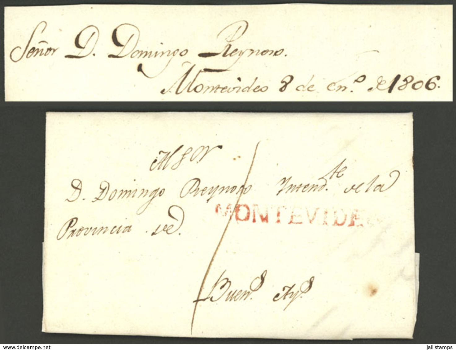 URUGUAY: Entire Letter Dated 8/JA/1806, Sent To Buenos Aires, With Straightline MONTEVIDEO In Red And "1" (Real ) Rating - Uruguay
