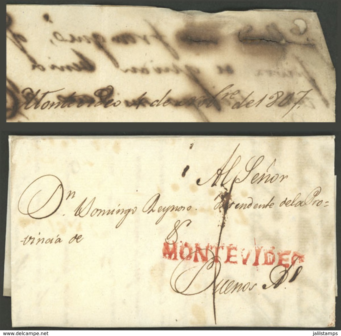 URUGUAY: Entire Letter Dated 4/NO/1807, Sent To Buenos Aires, With Straightline MONTEVIDEO In Red And "1" (Real ) Rating - Uruguay