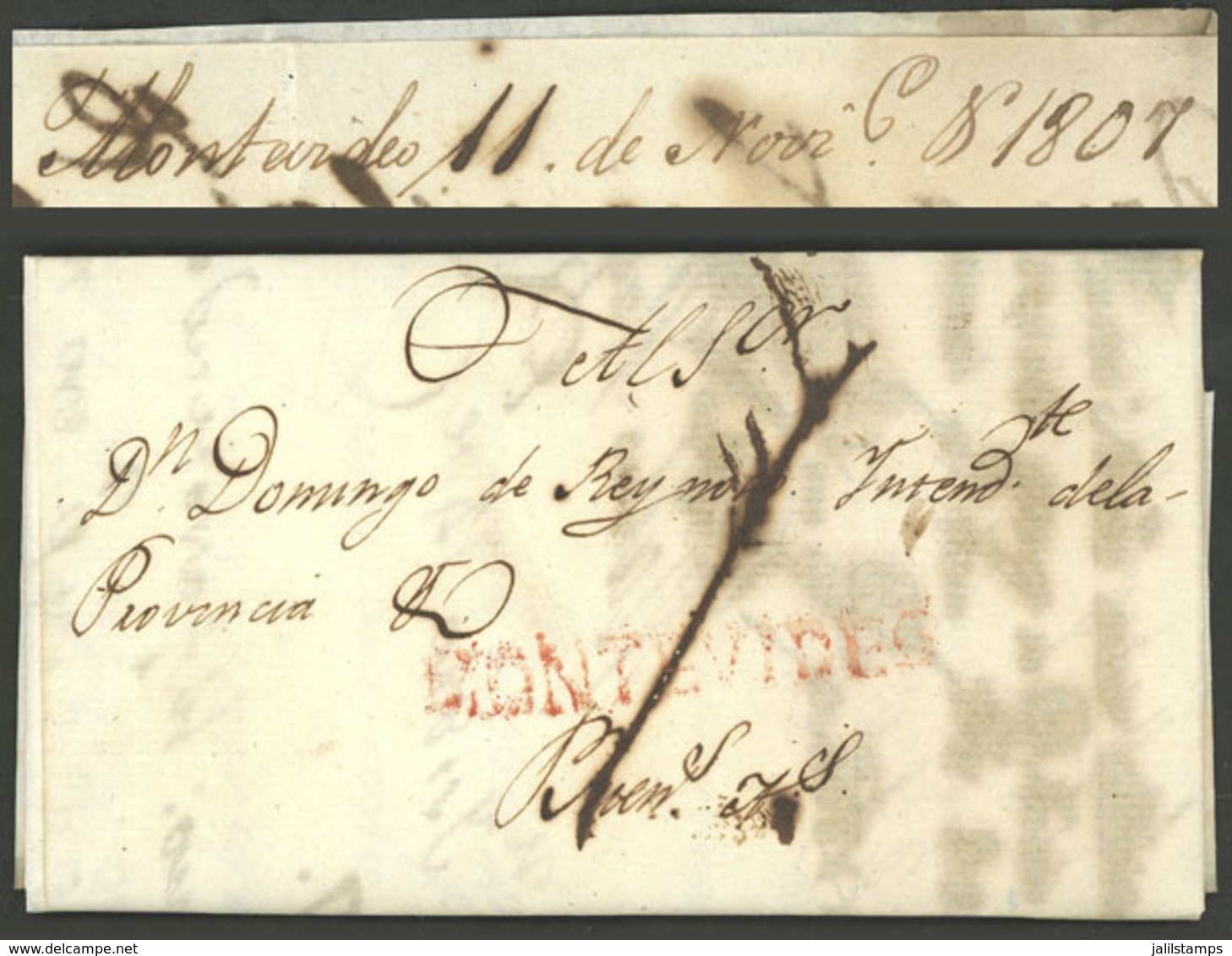 URUGUAY: Entire Letter Dated 11/NO/1807, Sent To Buenos Aires, With Straightline MONTEVIDEO In Red And "1" (Real ) Ratin - Uruguay