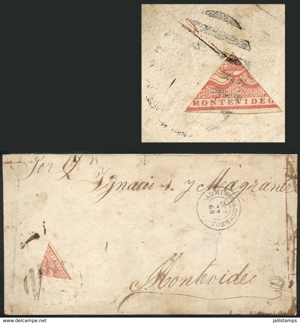 URUGUAY: Front Of Cover Sent From Salto To Montevideo On 12/OC/1868, Franked With QUARTER Of 20c. (Yvert 33b), Fine Qual - Uruguay