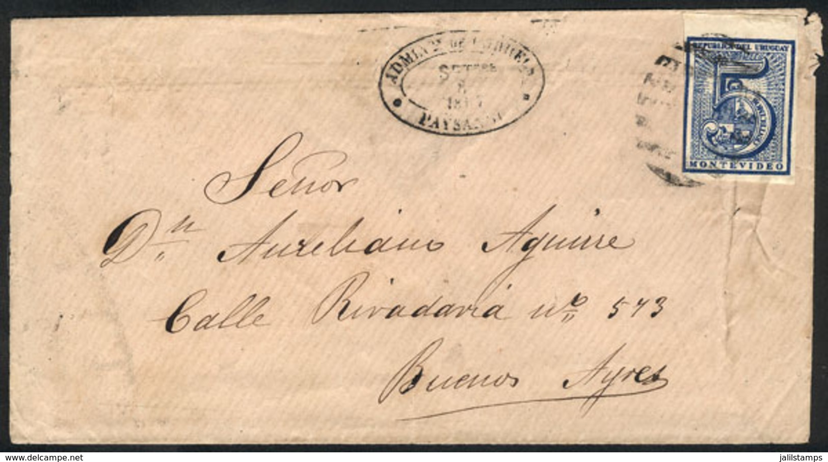 URUGUAY: Cover Franked With 5c. (Sc.30) Sent From PAYSANDÚ To Buenos Aires On 8/SE/1877, Very Fine! - Uruguay