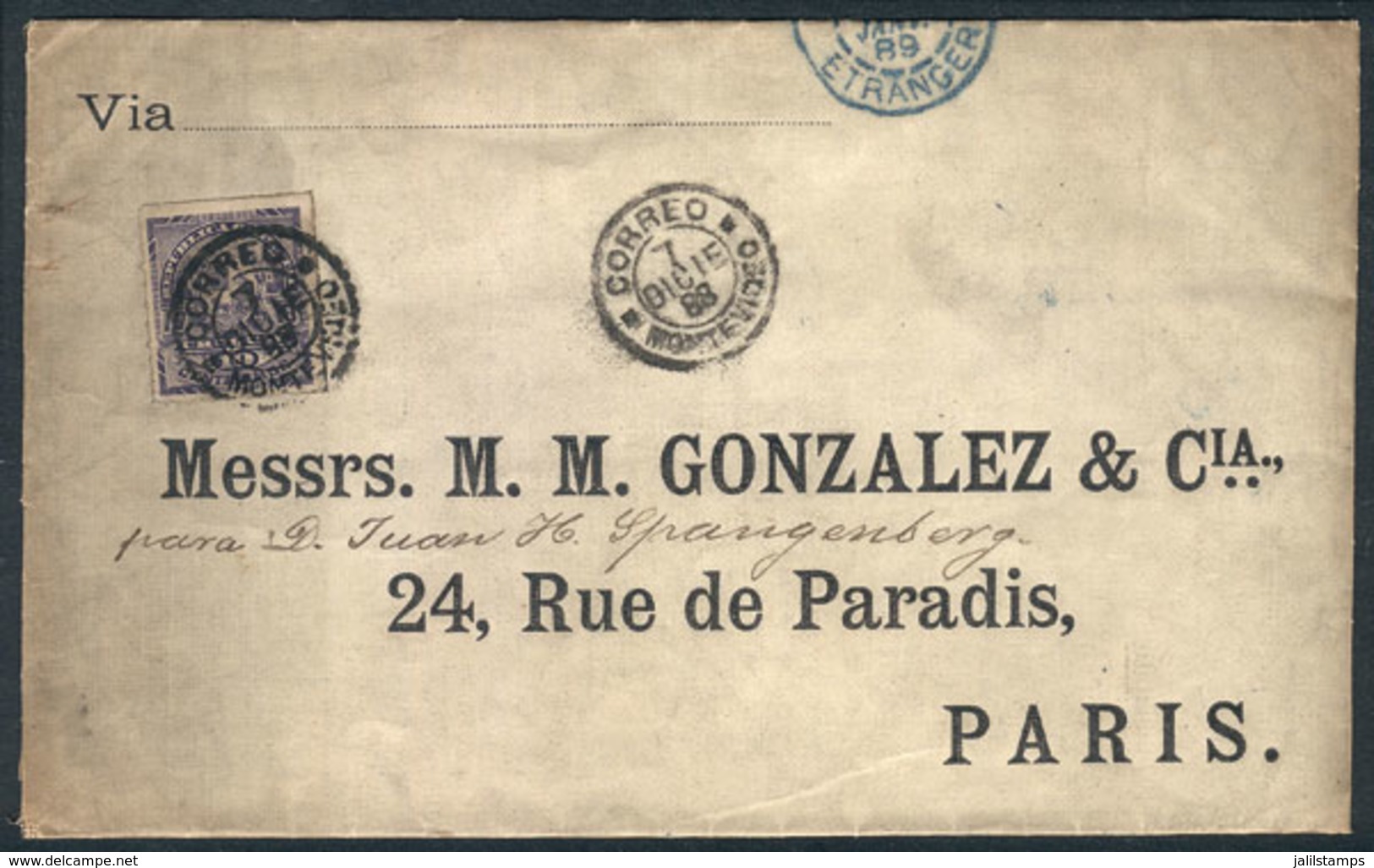 URUGUAY: Cover Franked With 10c. Violet Of 1888 (Sc.72), Sent From Montevideo To Paris On 7/DE/1888, With Genova Transit - Uruguay