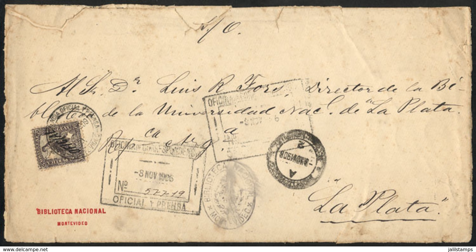 URUGUAY: Cover Sent By The National Library Of Montevideo To La Plata (Argentina) On 8/NO/1906, Franked With OFFICIAL St - Uruguay