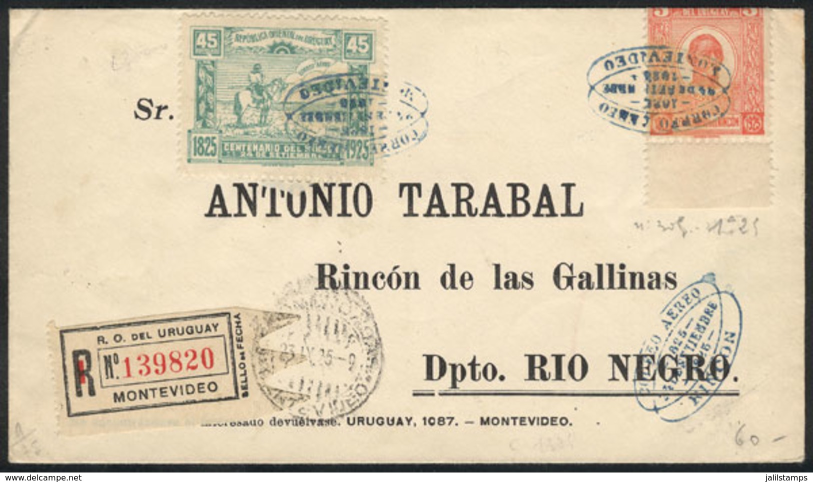 URUGUAY: 24/SE/1925 Montevideo - Rincón De Las Gallinas: First Flight, Registered Cover Of VF Quality! - Uruguay