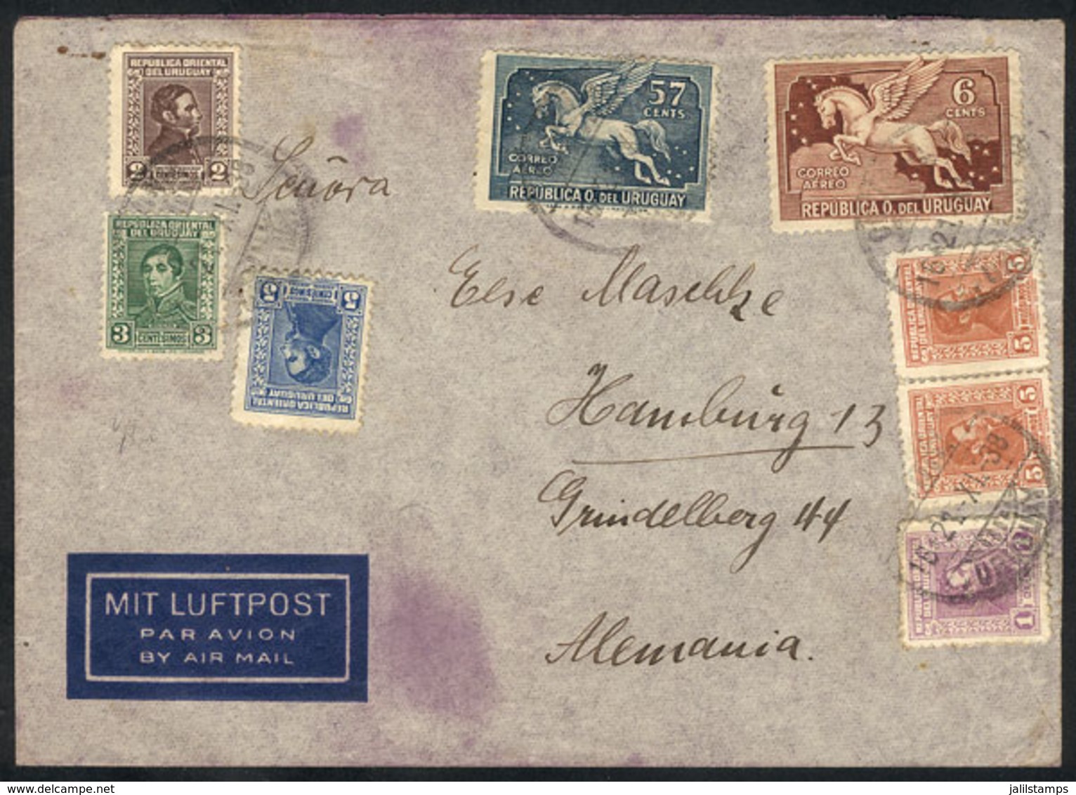 URUGUAY: Airmail Cover Sent From Montevideo To Germany On 21/NO/1938 Via AIR FRANCE, With Transit Backstamp Of LE BOURGU - Uruguay