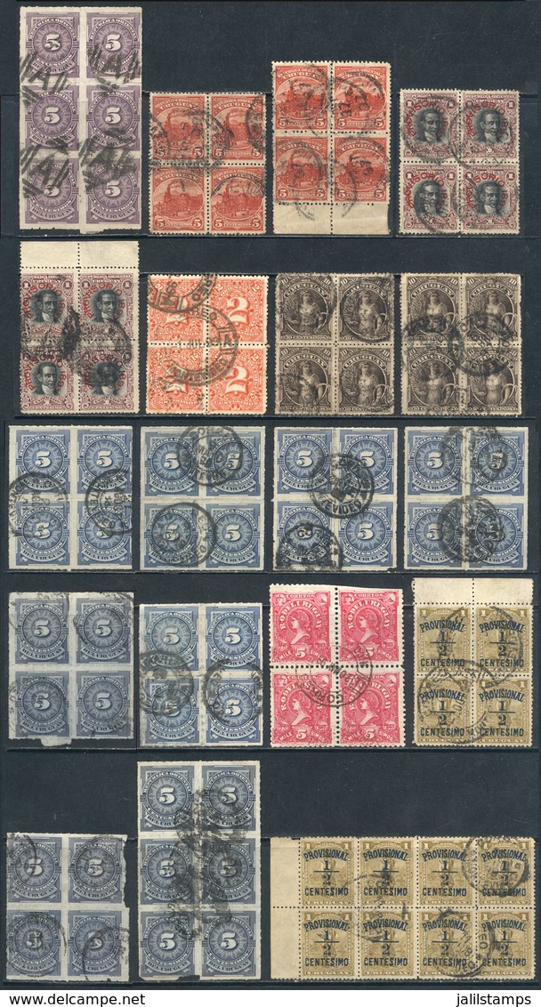 URUGUAY: Lot Of Old Stamps In Blocks Of 4 Or Larger, Used, VF Quality (1 Stamp With Only Minor Defect), With Some Scarce - Uruguay