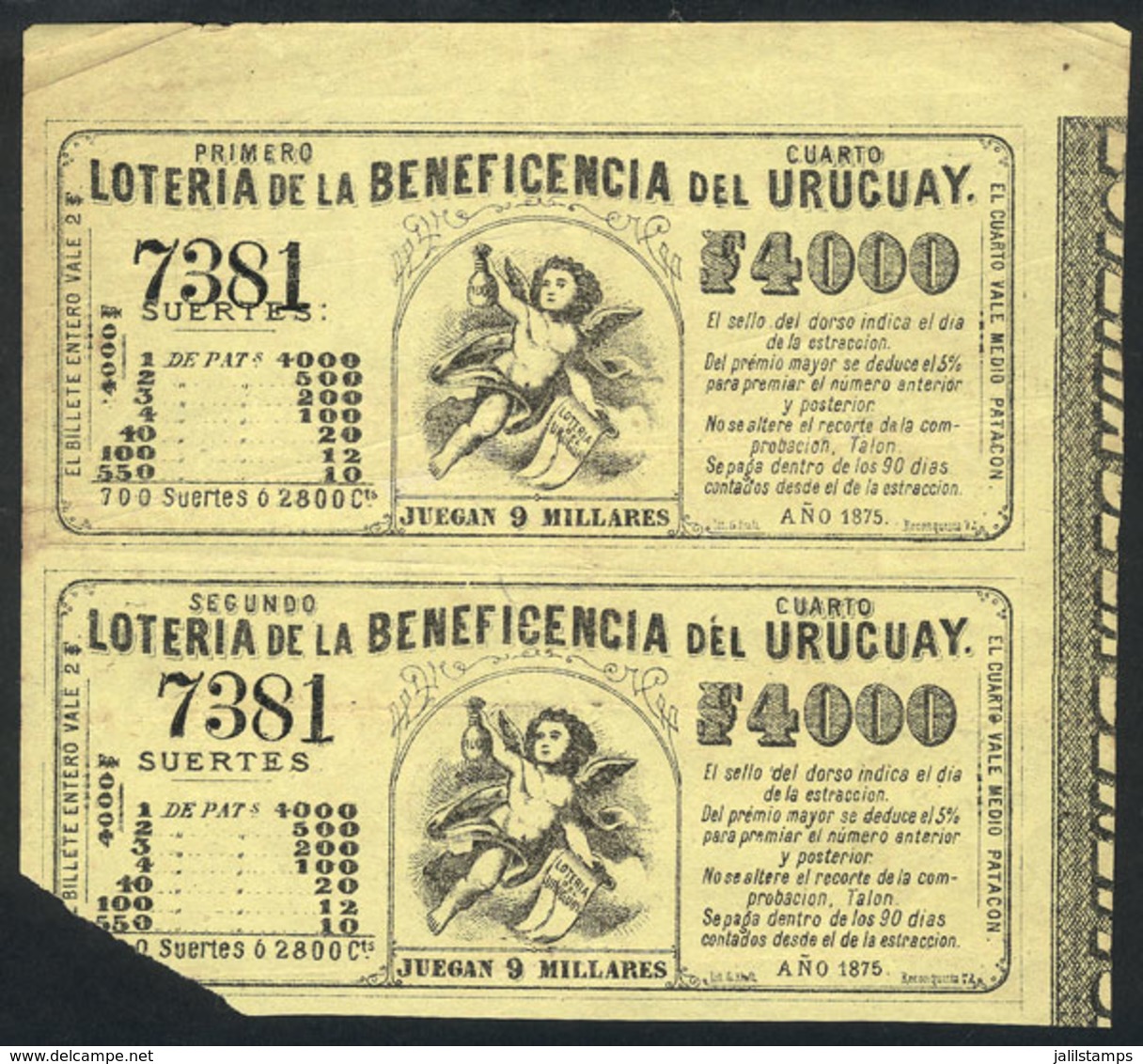 URUGUAY: Pair Of Lottery Tickets Of The Year 1875, The Top One Of VF Quality, Rare! - Uruguay