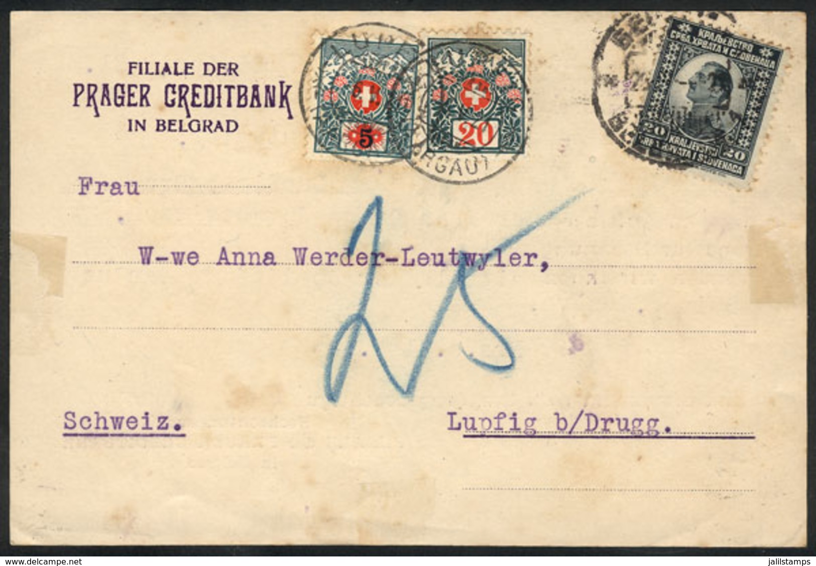 YUGOSLAVIA: Card Sent From Belgrad To Switzerland On 25/AP/1921 Franked With 20d., And Swiss Postage Due Stamps For 25c. - Other & Unclassified