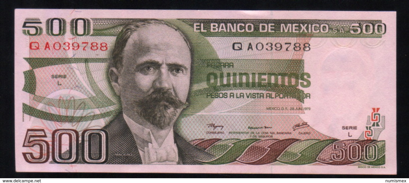 MEXICO 500 Pesos ( Madero ) 29/06/1979 Serie L QA039788 Pick-69 UNC - México