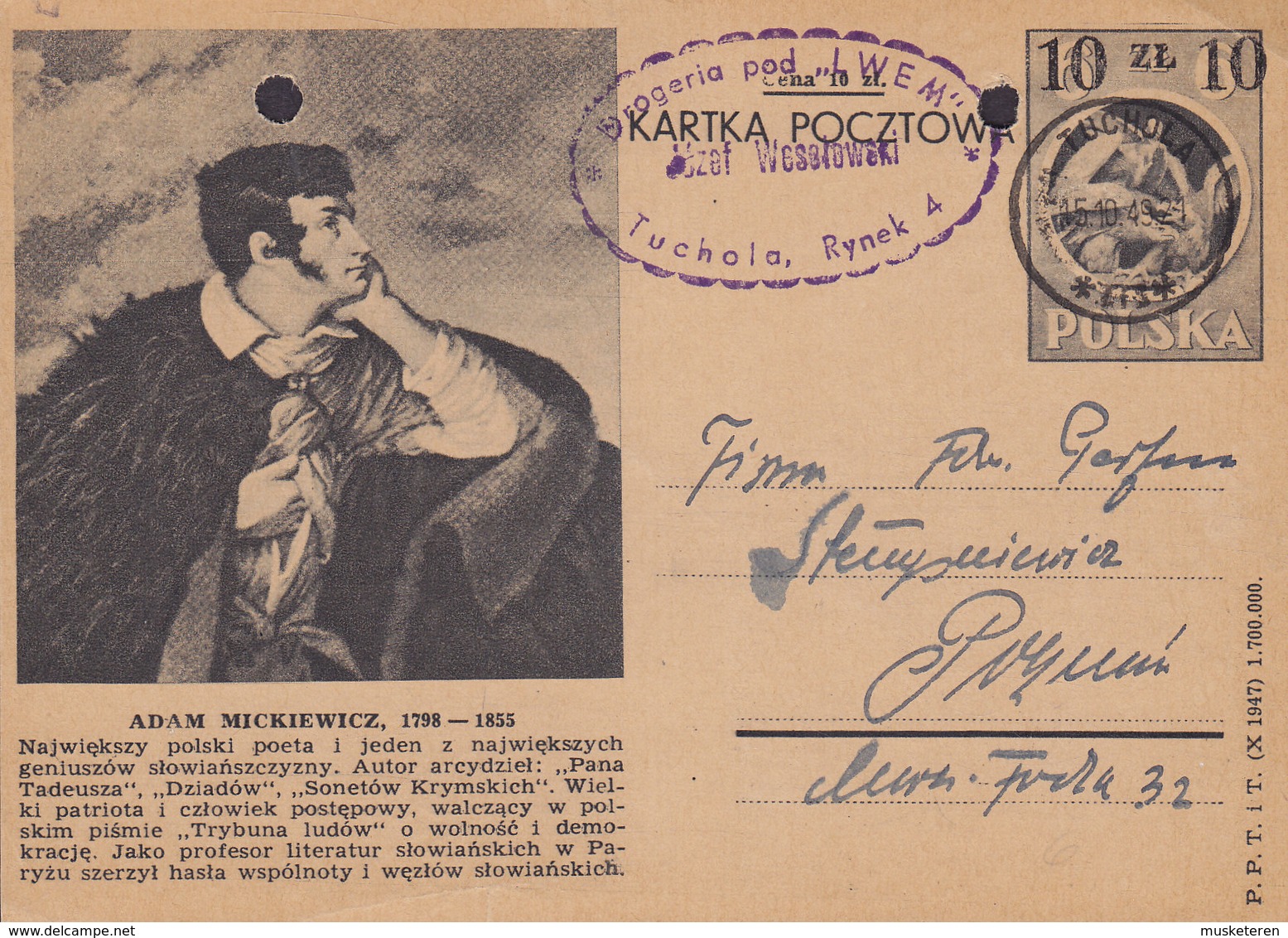 Poland Postal Stationery Ganzsache Entier 10 Zl Auf 6 (10) Zl  Bildpostkarte 'Adam Mickiewicz' TUCHOLA 1949 - Ganzsachen