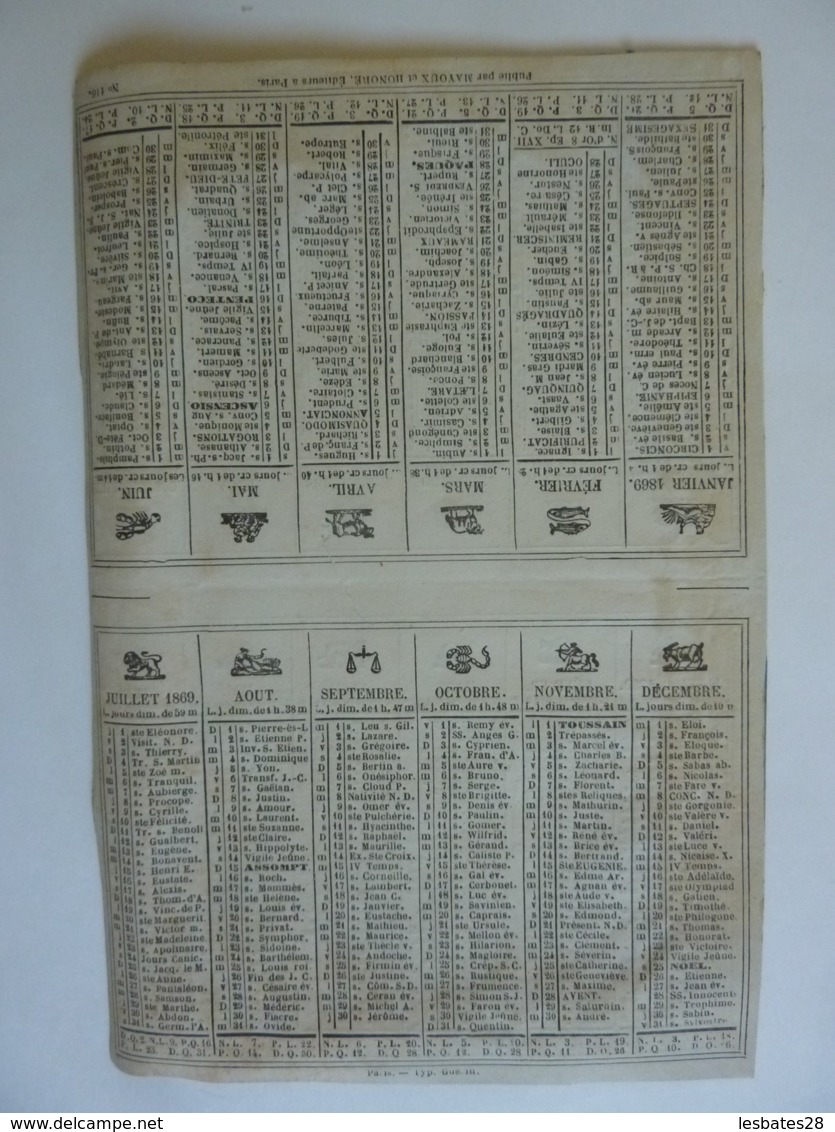 ALMANACH 1869  CALENDRIER SEMESTRIEL  NON DECOUPE  Allégorie Les Signes Du Zodiac Imprimeur Mayoux Et Honoré - Formato Piccolo : ...-1900