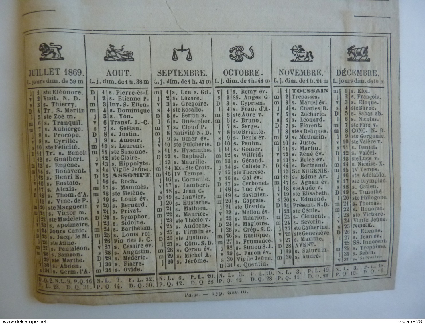 ALMANACH 1869  CALENDRIER SEMESTRIEL  NON DECOUPE  Allégorie Les Signes Du Zodiac Imprimeur Mayoux Et Honoré - Small : ...-1900