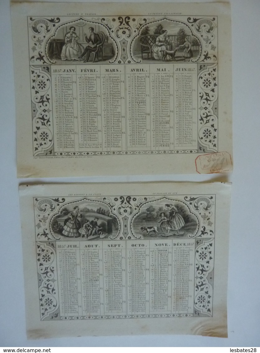 ALMANACH  1857 CALENDRIER 2 SEMESTRIELS  Lithographie    Allégorie  La Famille    Arabesque  Impr Dubois -Trianon - Formato Grande : ...-1900