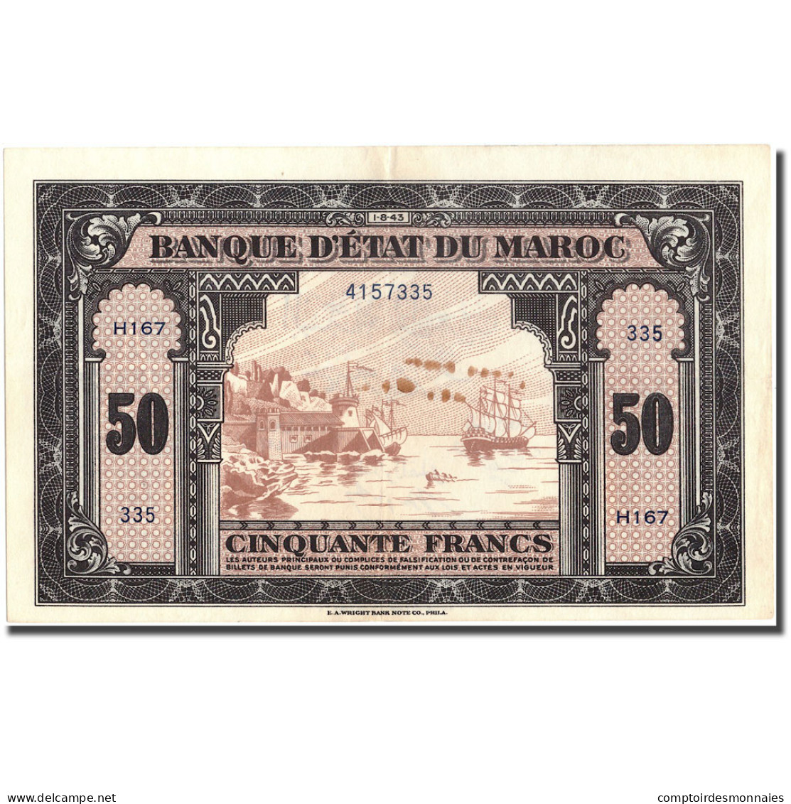 Billet, Maroc, 50 Francs, 1943, 1943-08-01, KM:26a, TTB+ - Morocco