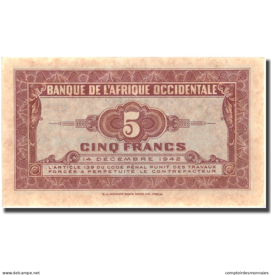 Billet, French West Africa, 5 Francs, 1942, 1942-12-14, KM:28b, SPL - West-Afrikaanse Staten