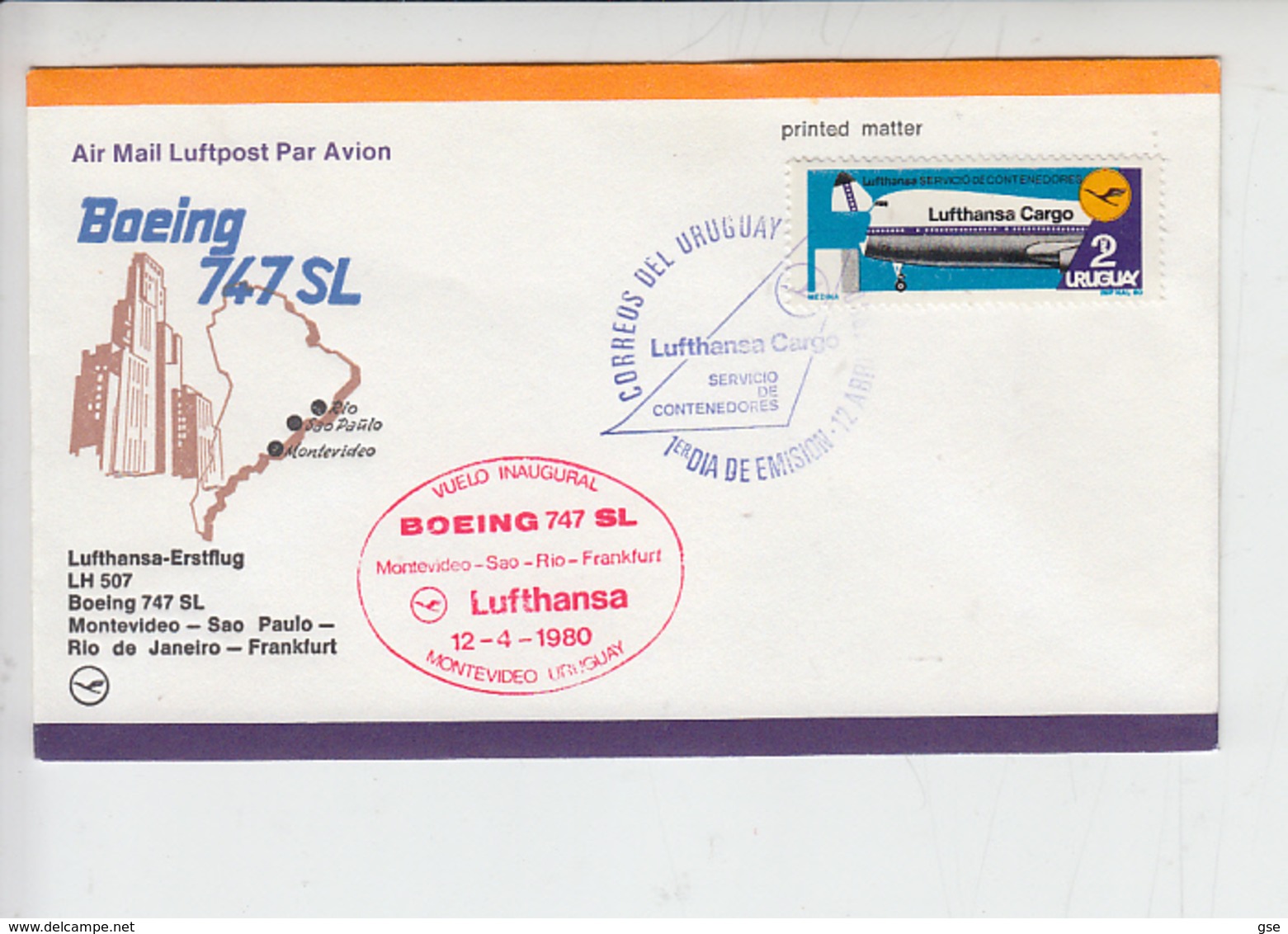 URUGUAY  1980 - Yvert 1054 - Volo Inaugurale " LUFTHANSA CARGO" - Aerei