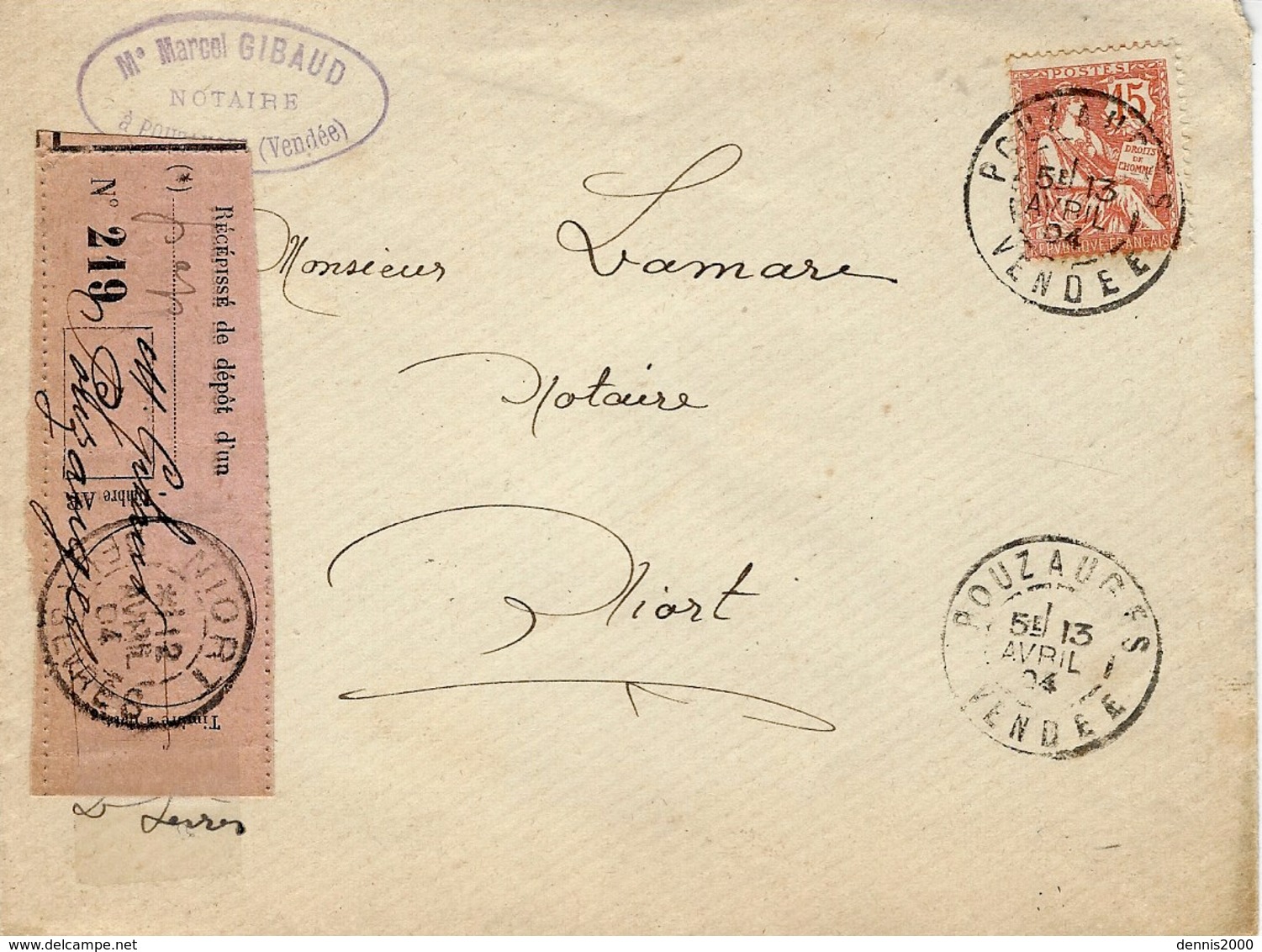 1904- Enveloppe De Pouzauges ( Vendée ) Affr. 15 C Mouchon Avec Récépissé De Dépôt Rose - 1877-1920: Periodo Semi Moderno