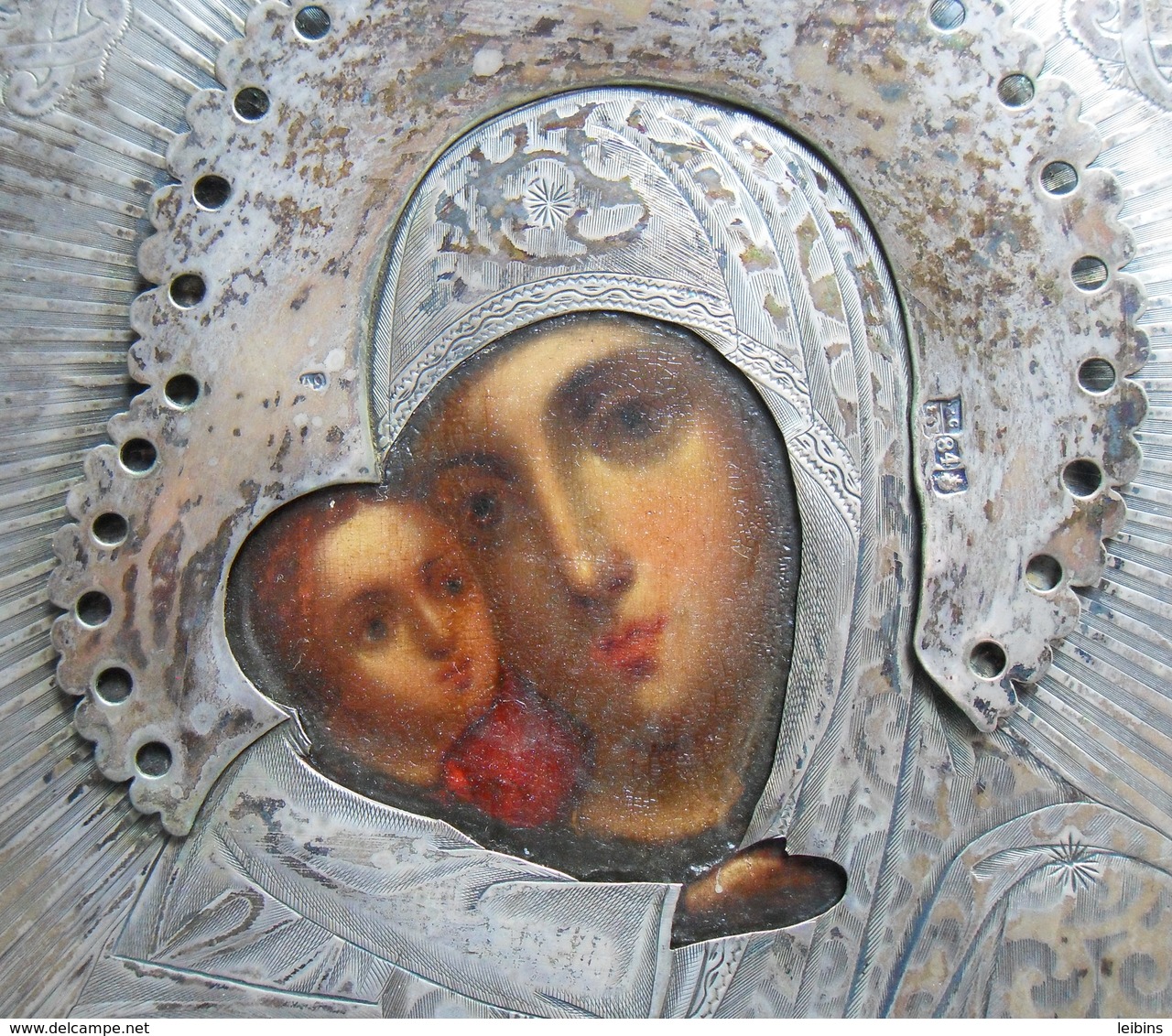 Russian Icon - Madonna With Jesus (oil On Wood / Ag Silver Picture Frame, Year 1865) - Oils