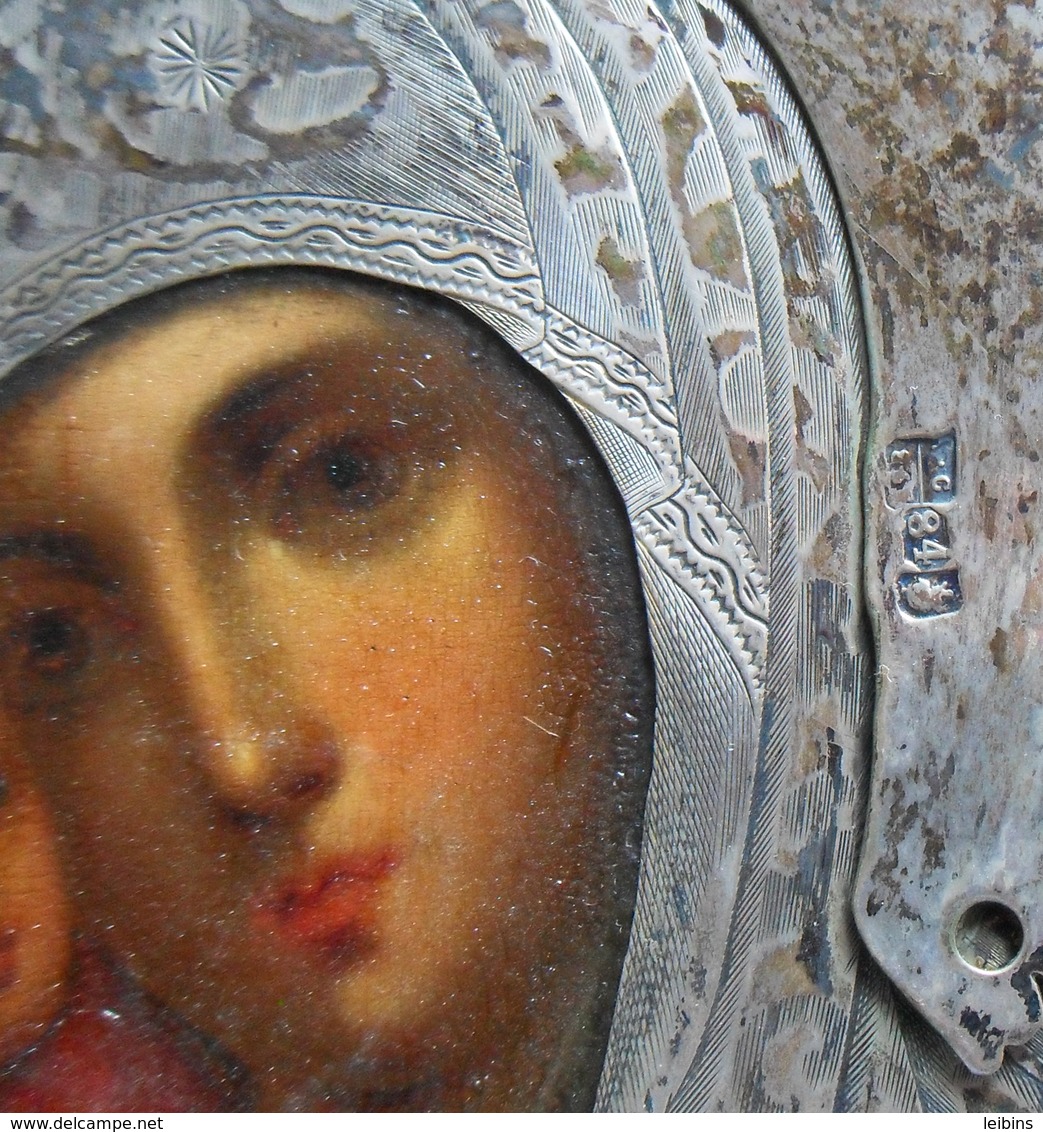 Russian Icon - Madonna With Jesus (oil On Wood / Ag Silver Picture Frame, Year 1865) - Oils