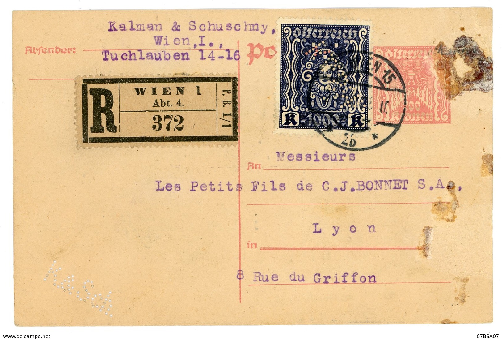 AUTRICHE ENTIER CP PERFORE 1923 WIEN ENTIER ET TIMBRES PERFORE P.S.& K. (KALMAN & SCHUSCHNY) CP RECOMMANDEE - Lettres & Documents