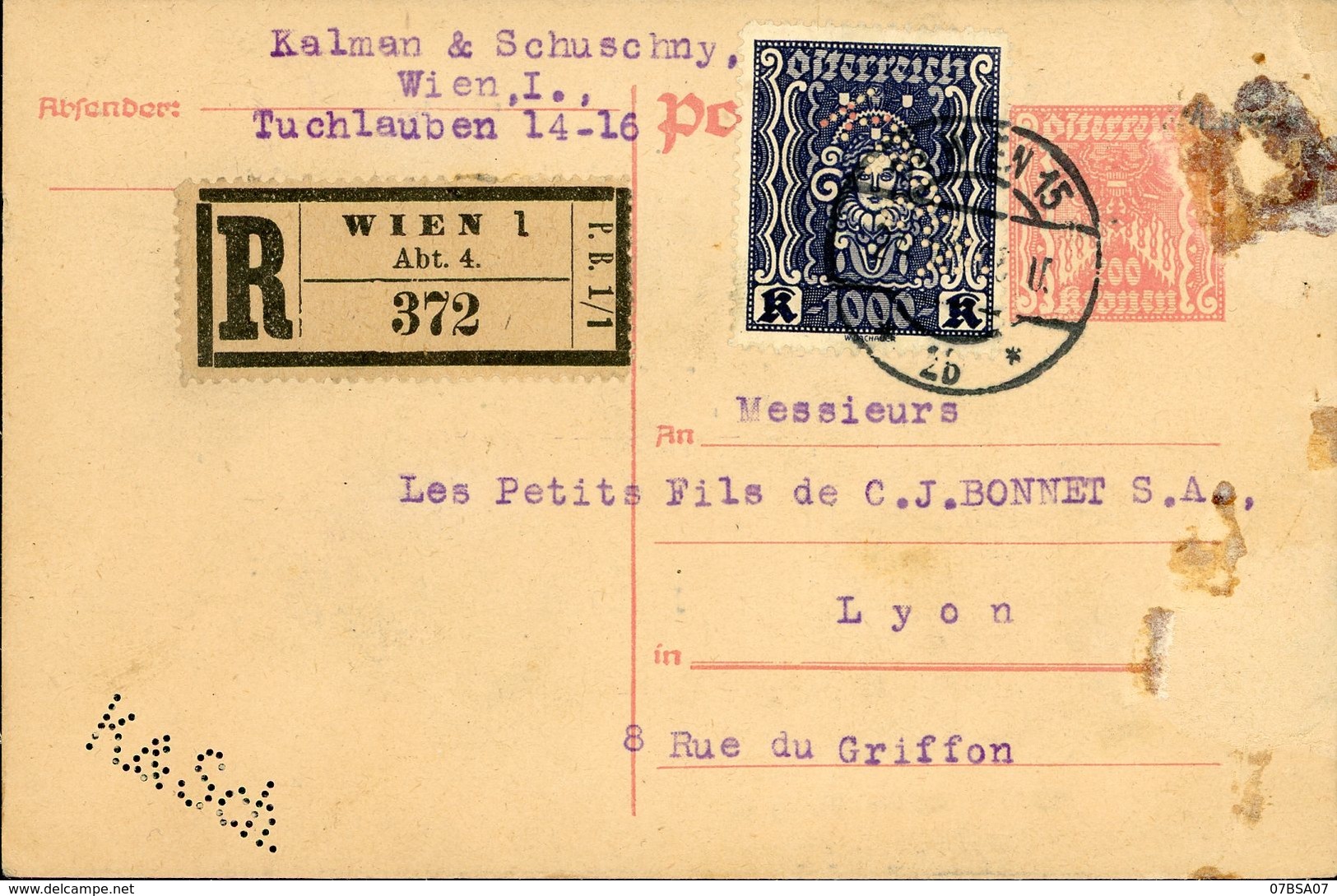 AUTRICHE ENTIER CP PERFORE 1923 WIEN ENTIER ET TIMBRES PERFORE P.S.& K. (KALMAN & SCHUSCHNY) CP RECOMMANDEE - Lettres & Documents