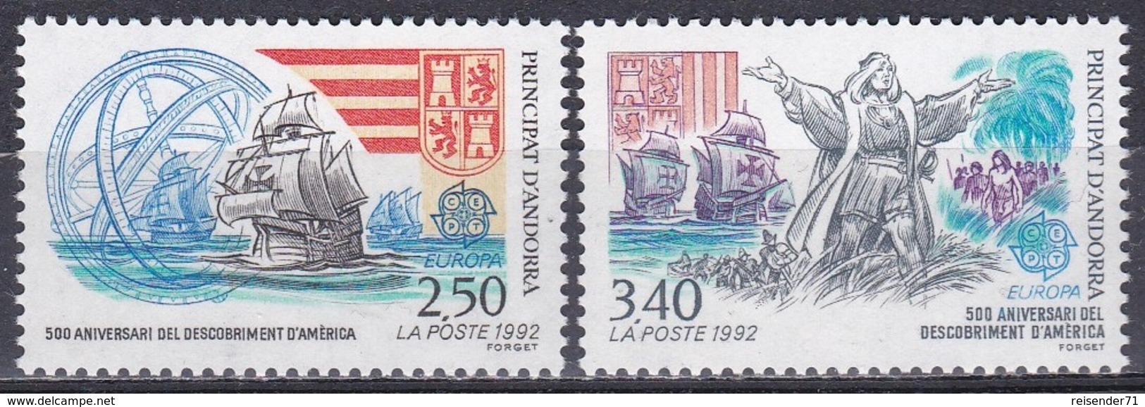 Andorra Französisch French 1992 Europa CEPT Geschichte Entdeckungen Amerika Kolumbus Columbus Schiffe, Mi. 437-8 ** - Unused Stamps