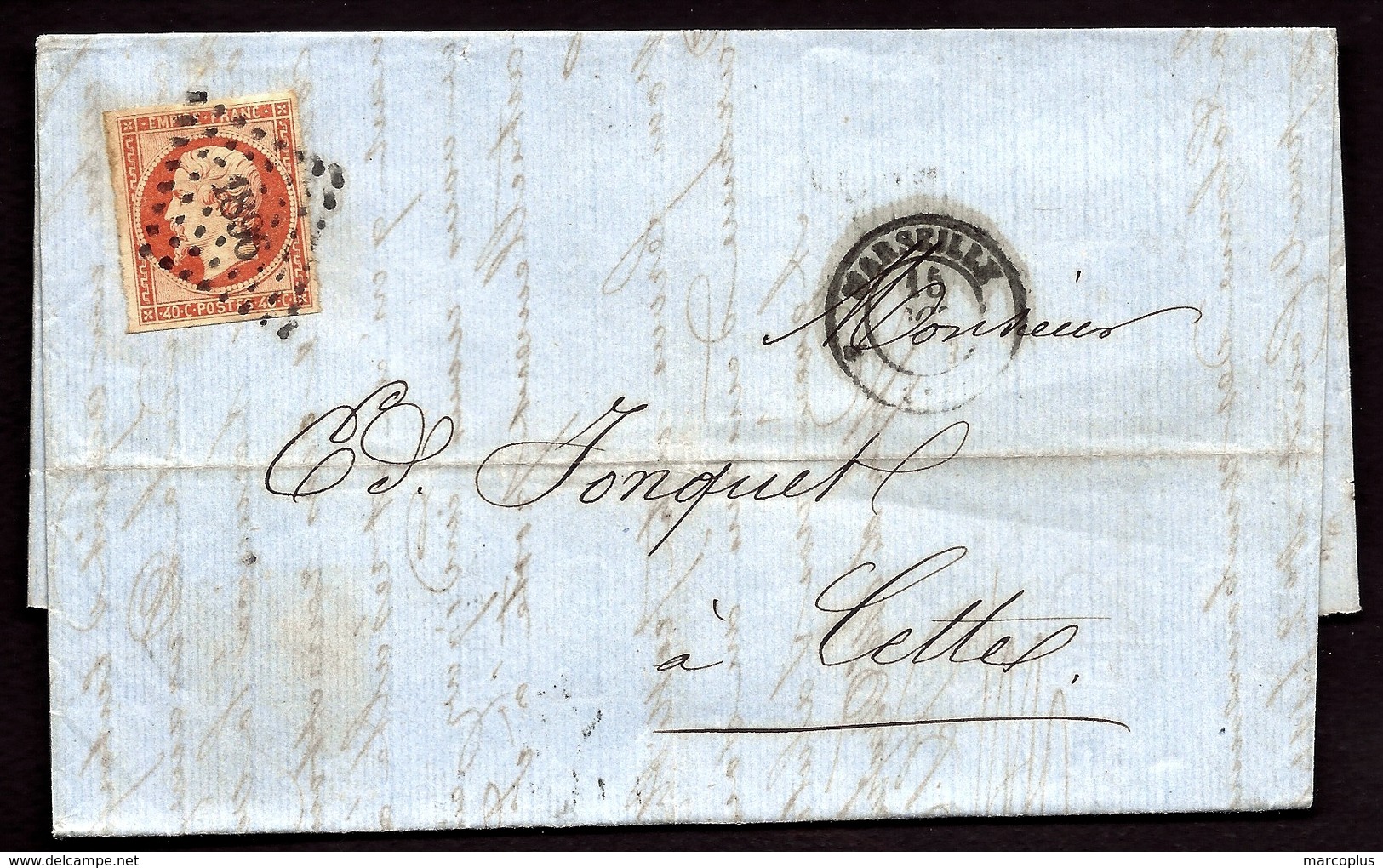 LET- 1- LETTRE TIMBRE EMPIRE 40 Ct N° 16c PERCÉ EN LIGNE- GC N° 1896 + CAD MARSEILLE  1856- - 4 SCANS - 1849-1876: Période Classique