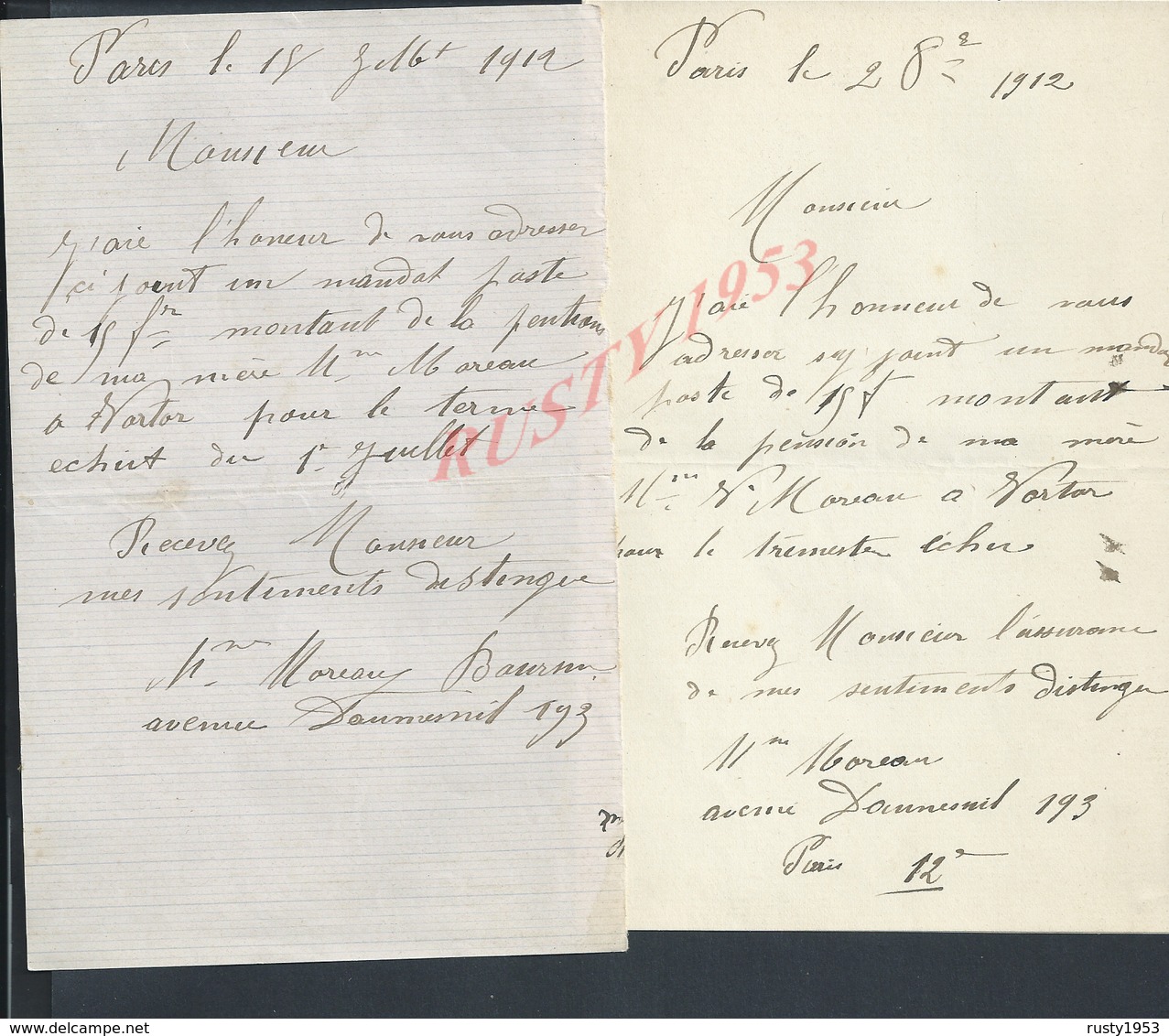 2 LETTRES DE Mr MOREAU AVENUE DAUMESNIL N° 193 1912 : - Manuscripts