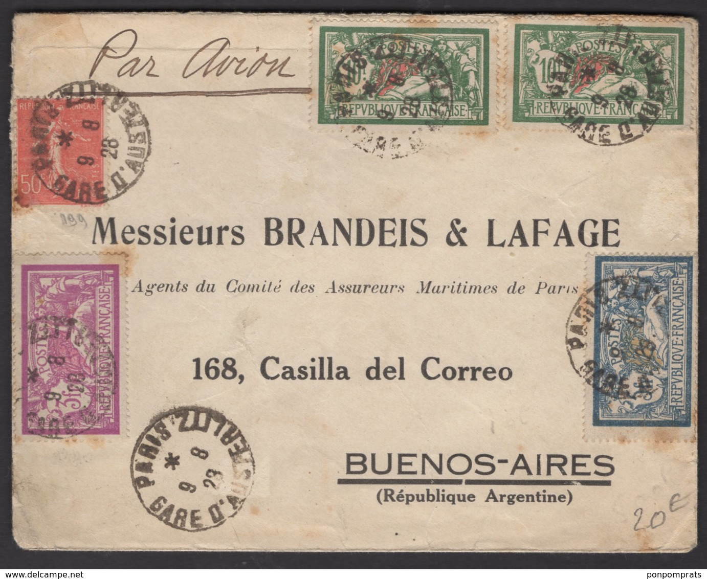 PARIS: Enveloppe PAR AVION Avec 10FX2 +5F +3F Type MERSON +50c Semeuse  Oblt CàD 04 A4 PARIS > BUENOS AIRES - 1960-.... Lettres & Documents