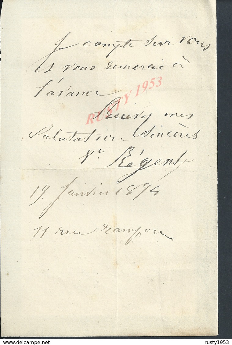 LETTRE + CARTE DE VISITE DE Mr RÉGENT PARIS N° 11 RUE RAMPON : - Manuscripts