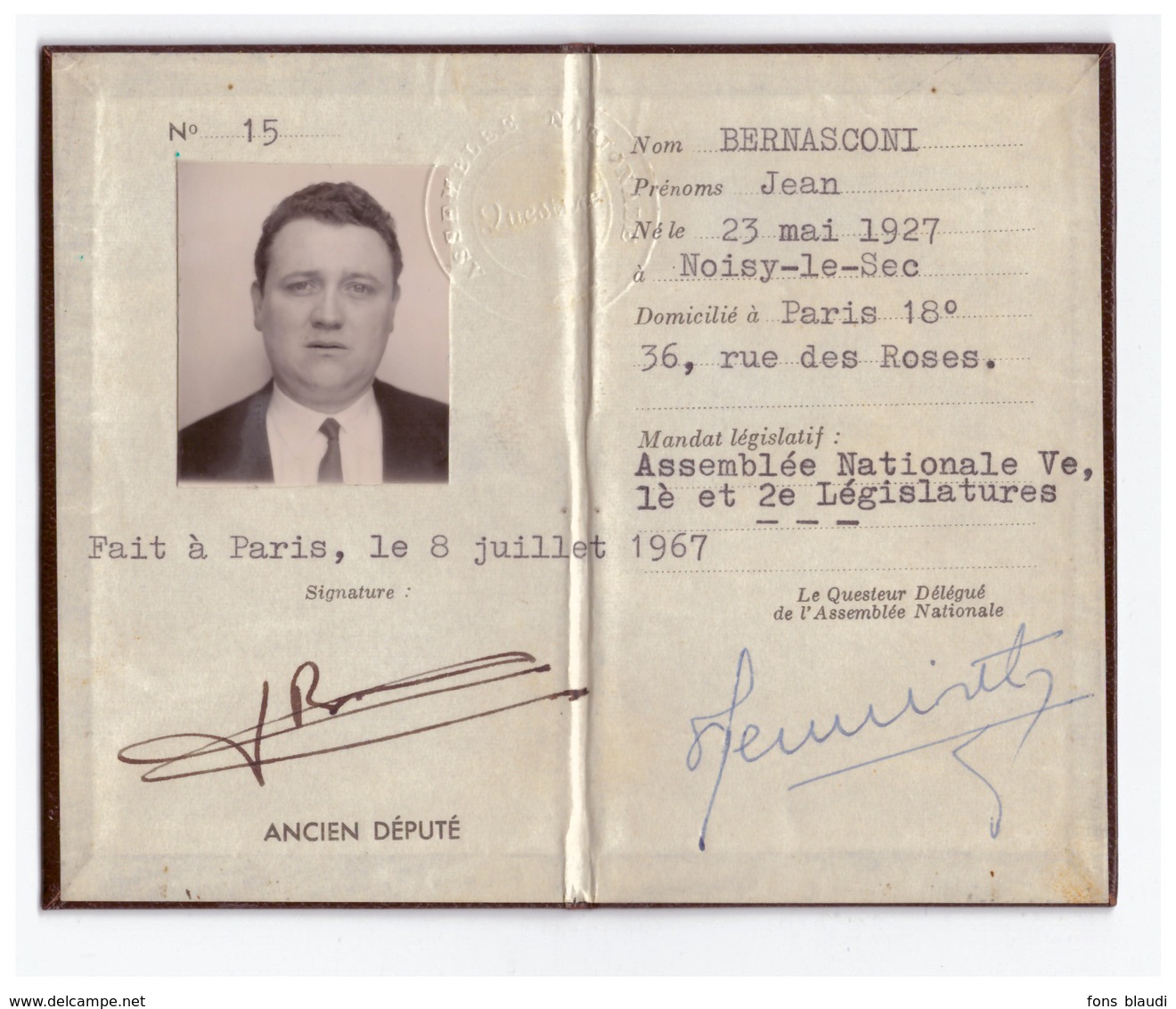 1967 - Carte D'ancien Député De La Seine De Jean Bernasconi (Noisy-le-Sec 1927 - Garches 1995) -  FRANCO DE PORT - Non Classés