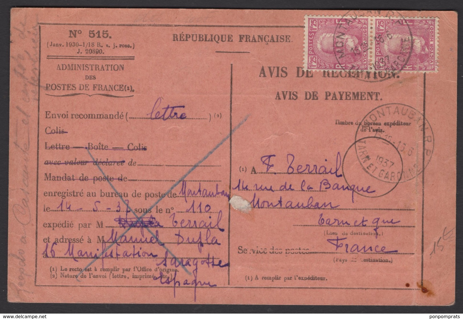 TARN ET GARONNE: Avis De Réception Avec 1.25FX2 Victor Hugo Oblt CàD 04 A5 MONTAUBAN R.P.> LONDRES - Postal Rates