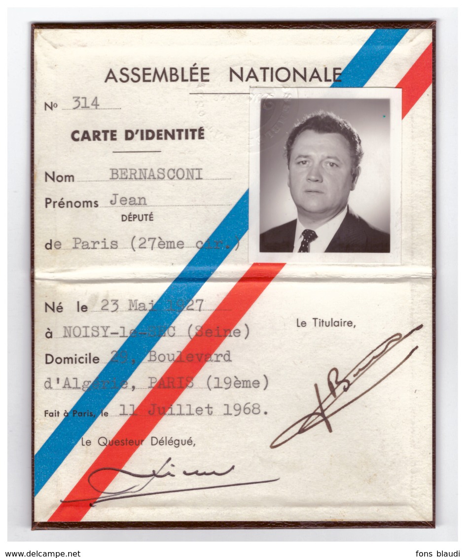 1968 - Carte De Député De Paris De Jean Bernasconi (Noisy-le-Sec 1927 - Garches 1995) -  FRANCO DE PORT - Non Classés