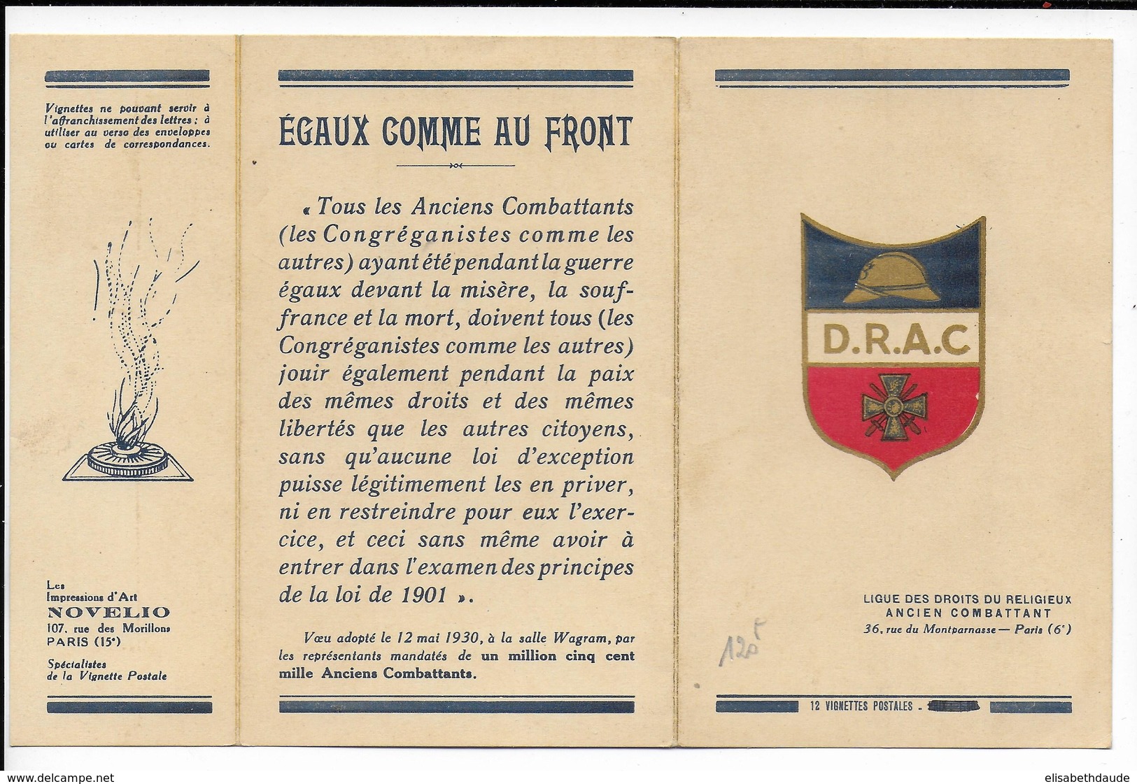1930 - CARNET VIGNETTE ** De La DRAC - LIGUE DES DROITS Du RELIGIEUX ANCIEN COMBATTANT - RARE ! - Military Heritage