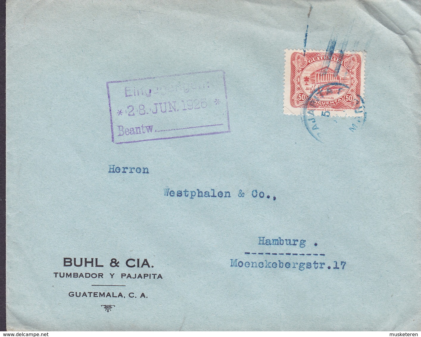 Guatemala BUHL & CIA. Tumbador Y Pajapita, GUATEMALA 1926 Cover Letra HAMBURG Germany - Guatemala