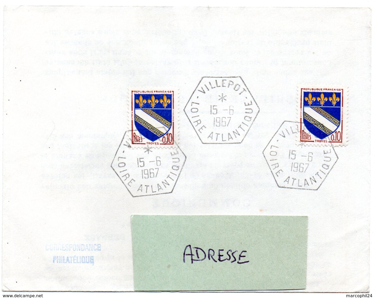 LOIRE ATLANTIQUE - Dépt N° 44 = VILLEPOT 1967 =  CACHET MANUEL HEXAGONAL Plein E8 RECETTE AUXILIAIRE RURALE - Manual Postmarks