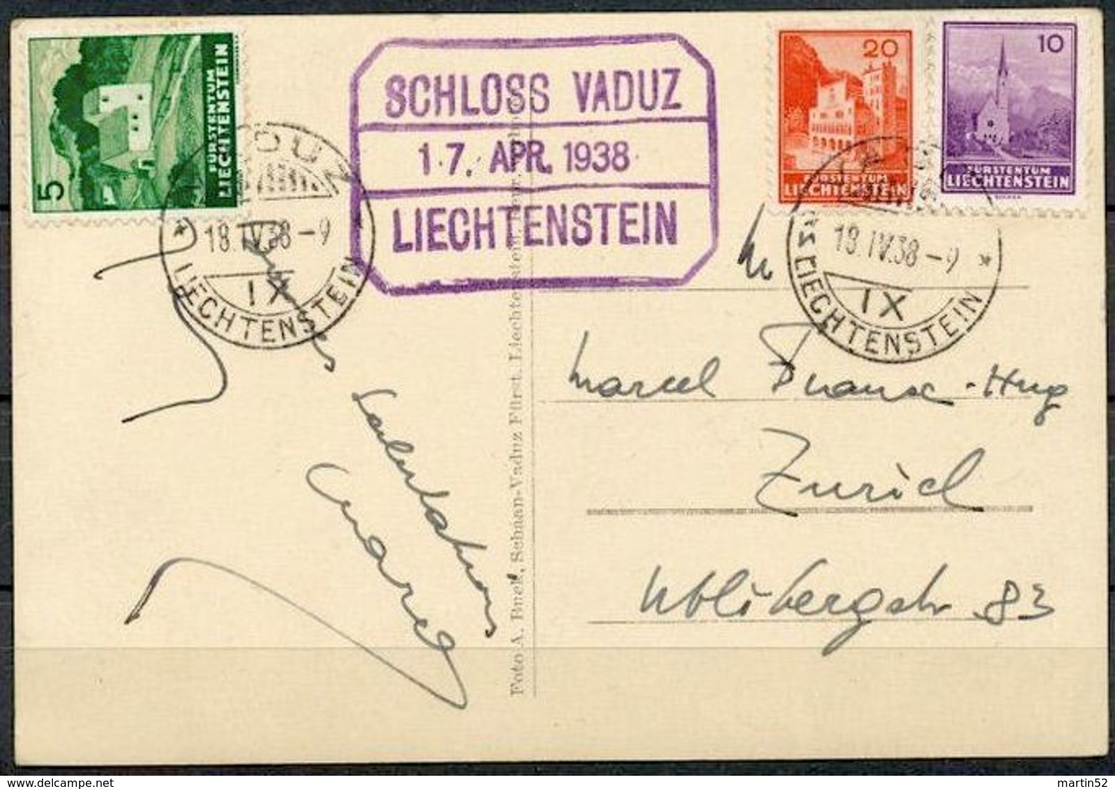 Liechtenstein 1938: Zu 107+109+127  Mi 128+130+157 Yv 119+121+141 Auf Bild-PK (CPI) "Schloss Vaduz" Mit O VADUZ 18.IV.38 - Lettres & Documents