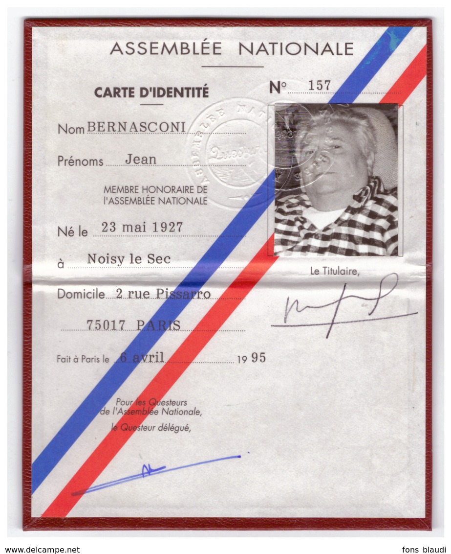 Carte De Membre Honoraire De L'Assemblée Nationale - Jean Bernasconi (Noisy-le-Sec 1927 - Garches 1995) - FRANCO DE PORT - Non Classificati