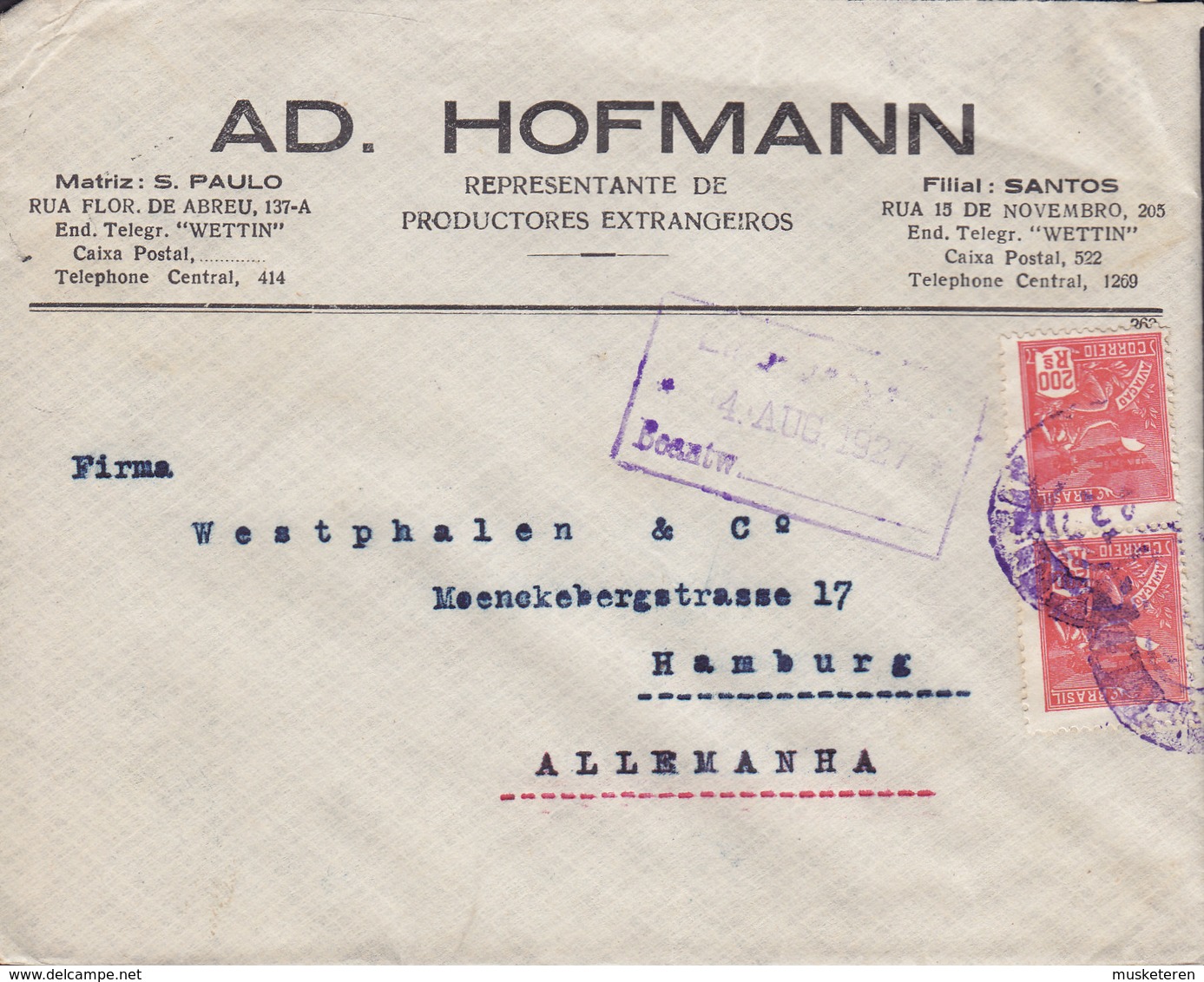 Brazil AD. HOFMANN Representaces, RIO DE JANEIRO 1927 Cover Letra HAMBURG Germany - Cartas & Documentos