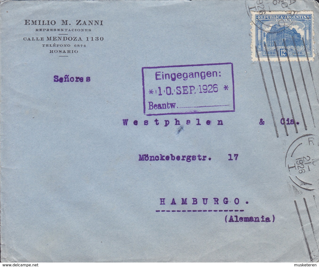 Argentina EMILIO M. ZANNI Representaciones, TMS Cds. ROSARIO 1926 Cover Letra HAMBURG Alemania Germany - Briefe U. Dokumente